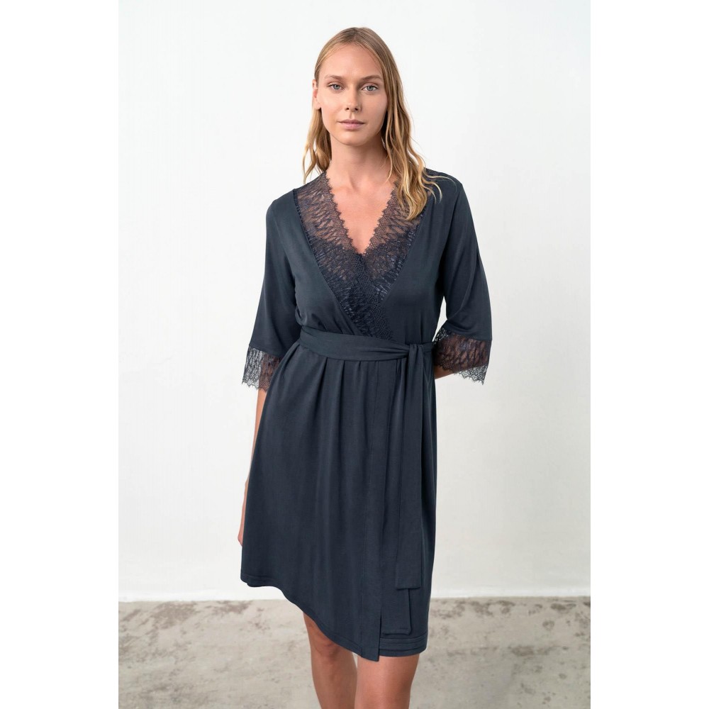 Vamp 18187, Γυναικεία Ρόμπα Micromodal με δαντέλα, ΜΠΛΕ ΣΚΟΥΡΟ