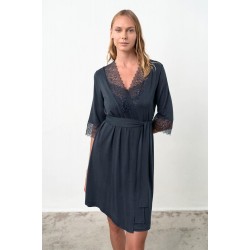 Vamp 18187, Γυναικεία Ρόμπα Micromodal με δαντέλα, ΜΠΛΕ ΣΚΟΥΡΟ