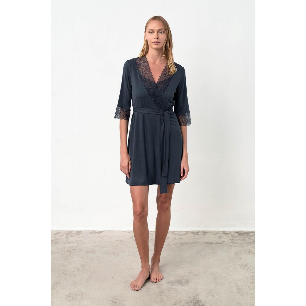 Vamp 18187, Γυναικεία Ρόμπα Micromodal με δαντέλα, ΜΠΛΕ ΣΚΟΥΡΟ