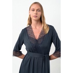 Vamp 18187, Γυναικεία Ρόμπα Micromodal με δαντέλα, ΜΠΛΕ ΣΚΟΥΡΟ