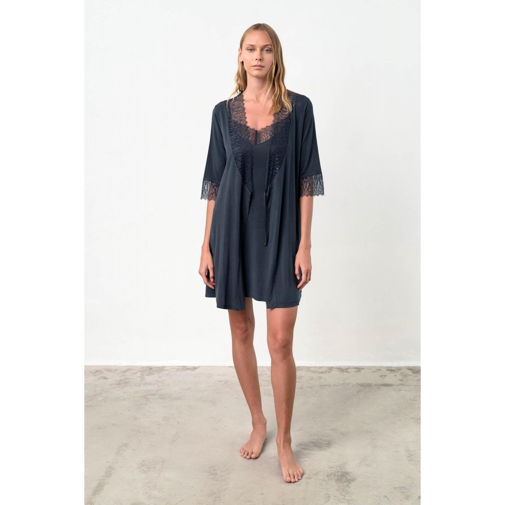 Vamp 18187, Γυναικεία Ρόμπα Micromodal με δαντέλα, ΜΠΛΕ ΣΚΟΥΡΟ