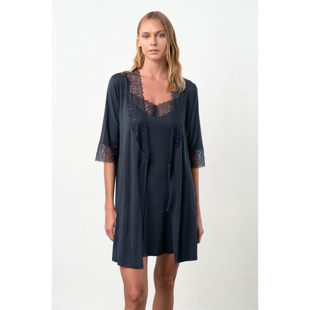 Vamp 18187, Γυναικεία Ρόμπα Micromodal με δαντέλα, ΜΠΛΕ ΣΚΟΥΡΟ