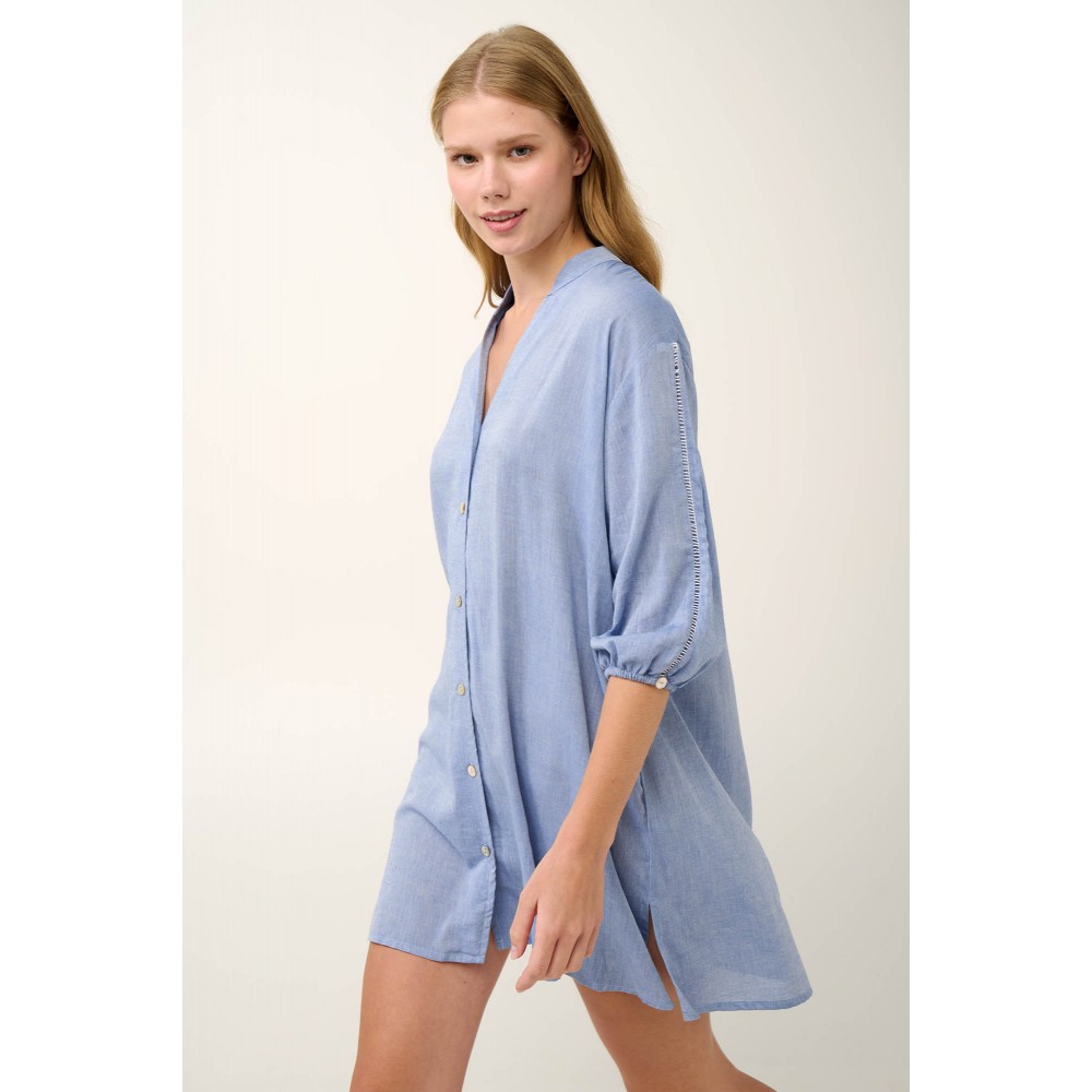 VAMP 22882, Καλοκαιρινό Κουμπωτό Φόρεμα με λαιμόκοψη V, BLUE INFINITY