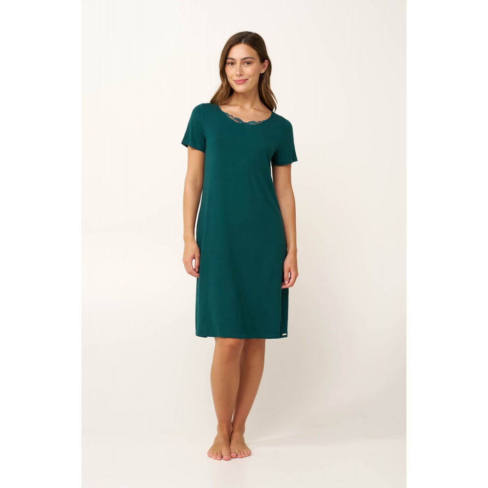 VAMP 24008, Γυναικείο  Νυχτικό Micromodal με μανικάκι και δαντέλα, GREEN TEAL