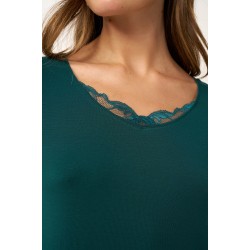 VAMP 24008, Γυναικείο  Νυχτικό Micromodal με μανικάκι και δαντέλα, GREEN TEAL