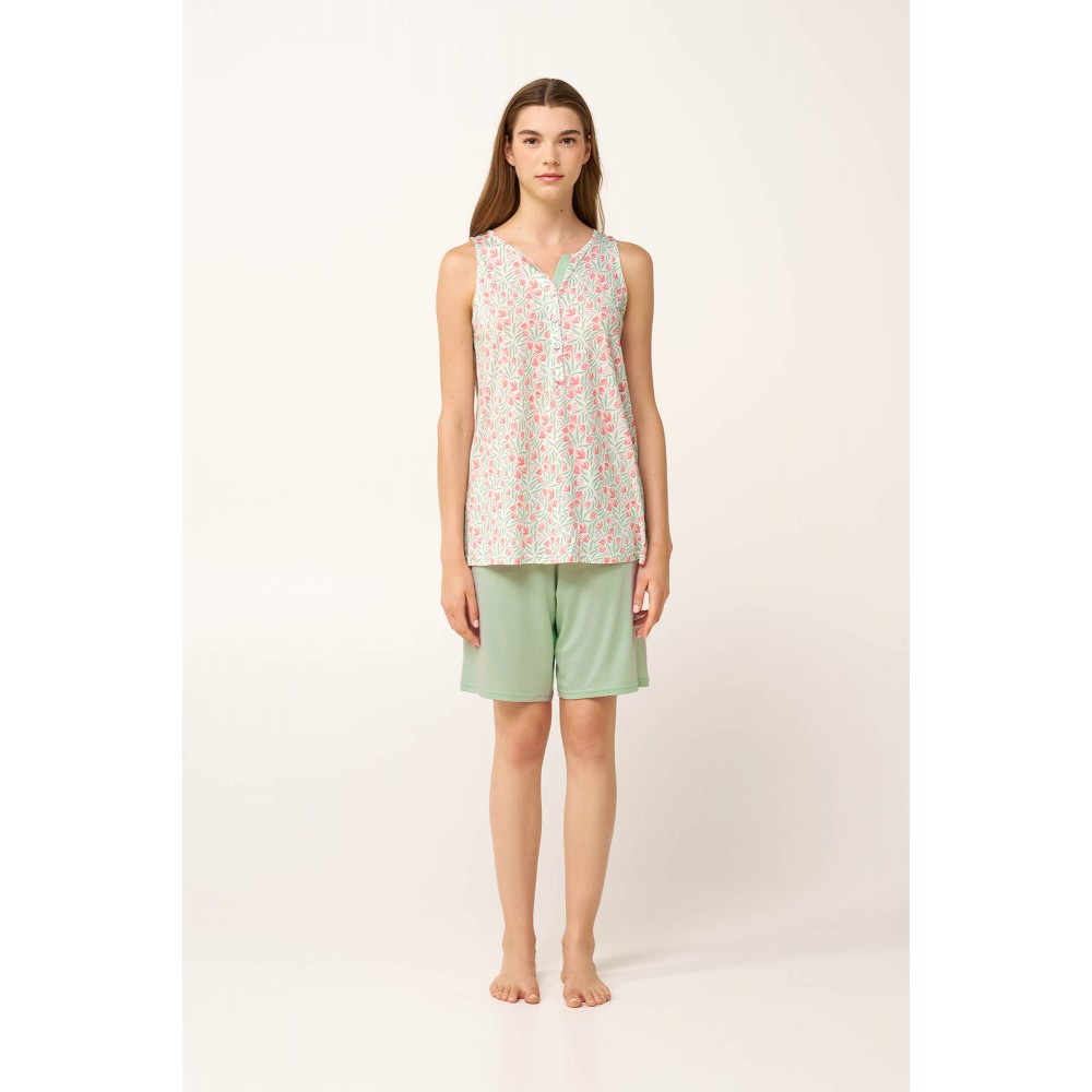 VAMP 24074, Γυναικείο Σετ Πυτζάμα Cotton-Modal με βερμούδα, MINT GRAY