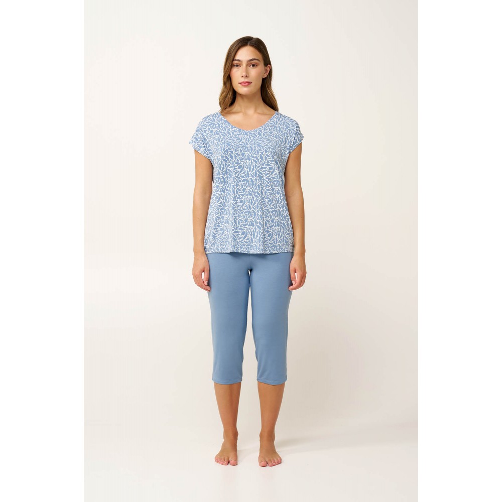 VAMP 24092, Γυναικεία Πυτζάμα Κάπρι Micromodal Κοντό Μανίκι, BLUE RAIN