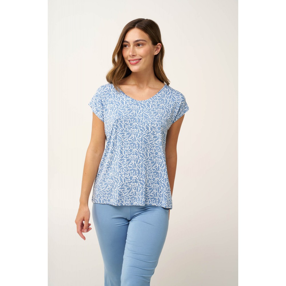 VAMP 24092, Γυναικεία Πυτζάμα Κάπρι Micromodal Κοντό Μανίκι, BLUE RAIN