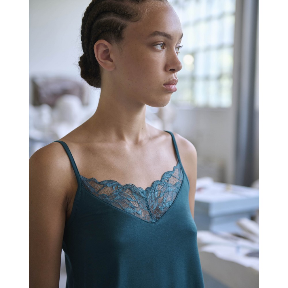 VAMP 24010, Γυναικείο Νυχτικό Micromodal με δαντέλα, GREEN TEAL