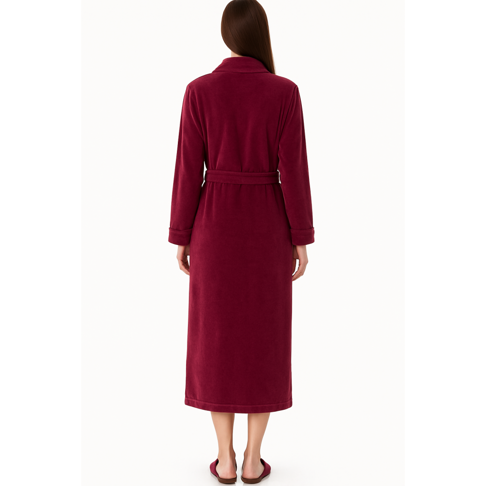 VAMP 11271, Γυναικεία βελούδινη Ρόμπα Μάξι, Σταυρωτή με ζώνη και διακριτικό κέντημα, ΜΠΟΡΝΤΟ